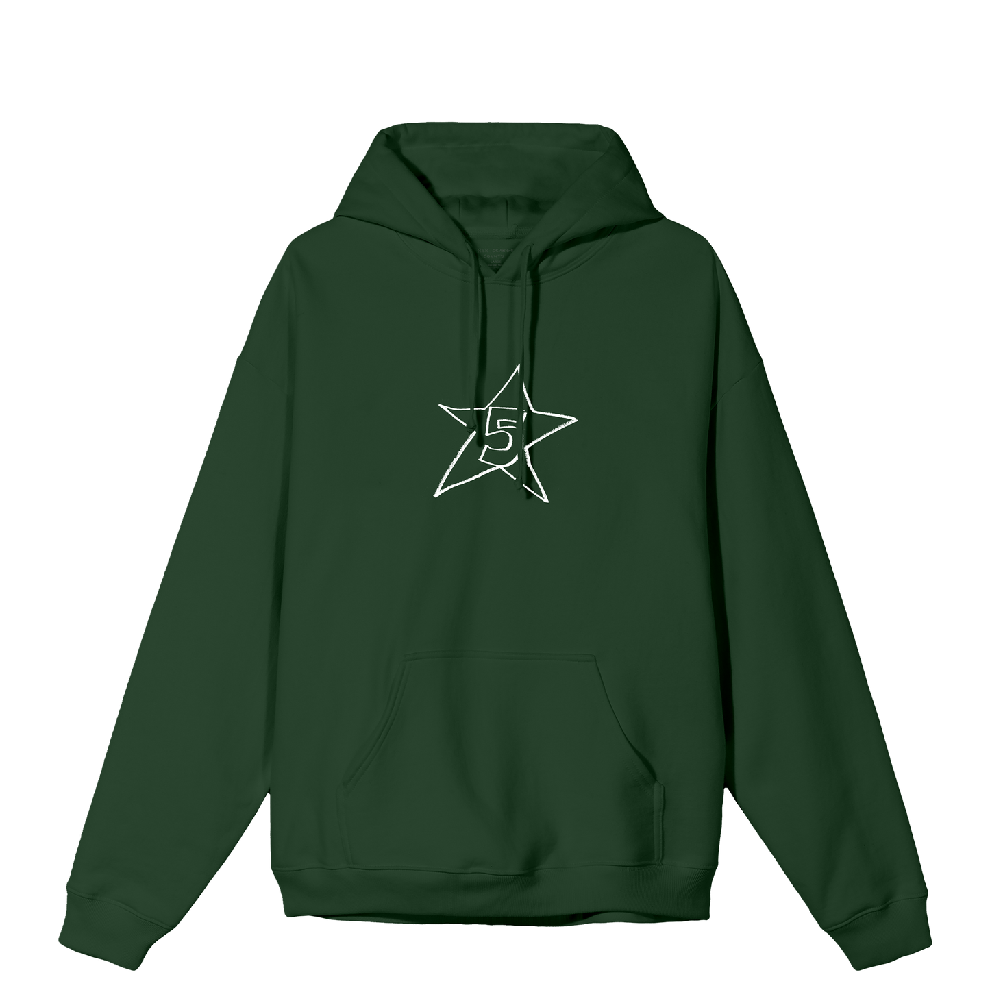 Front view of a green pullover hoodie with a star design from The Alexander Technique on the front, featuring a hood and front pocket.