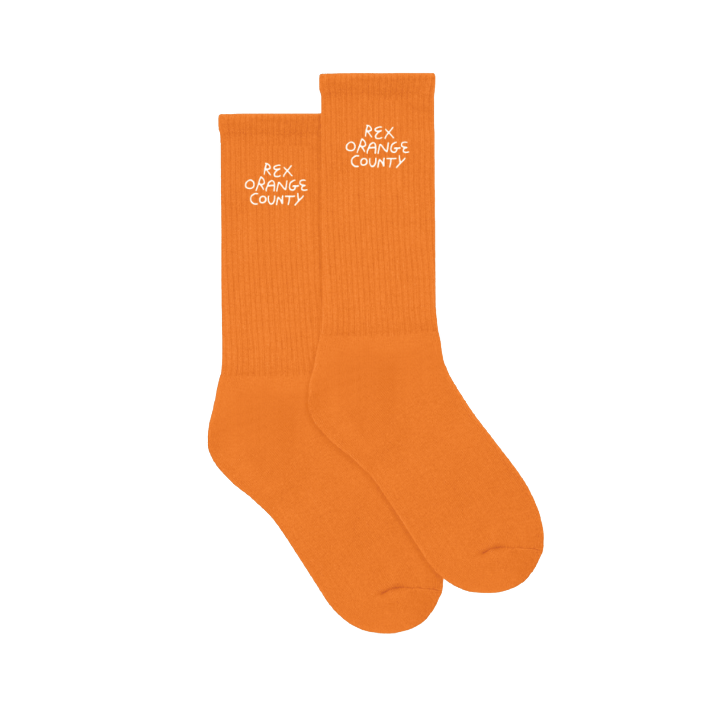 Side view of orange socks featuring white Rex Orange County text printed at the top of each sock.