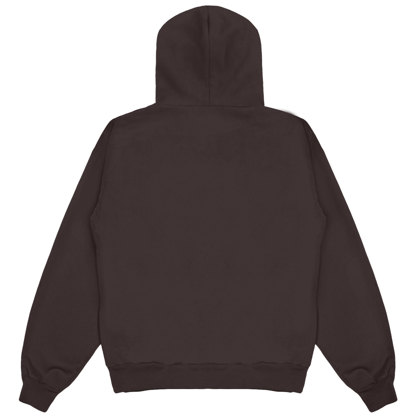 Back view of a brown unisex pullover hoodie with a regular fit, ribbed cuffs and waistband.
