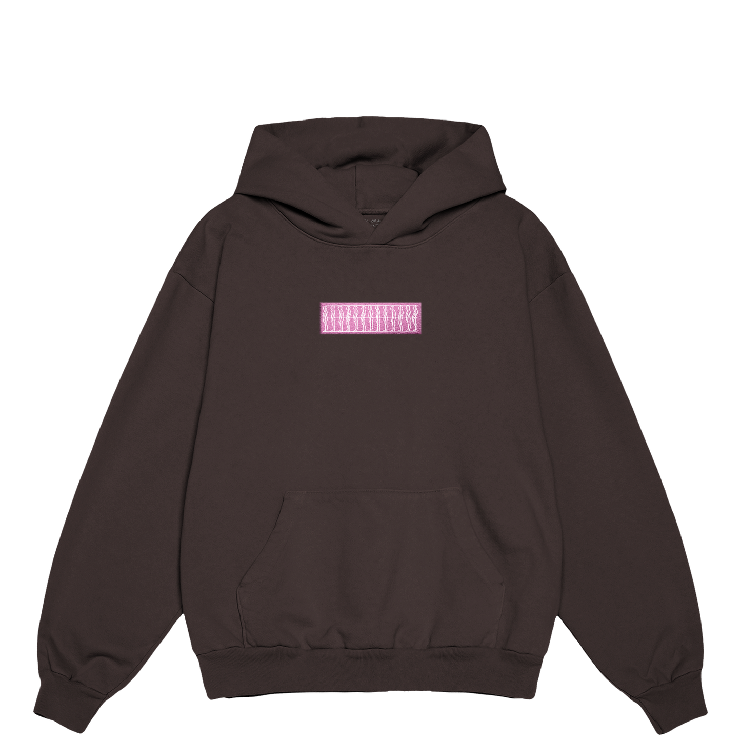 Front view of a brown unisex pullover hoodie featuring a pink embroidered design from The Alexander Technique across the chest. The hoodie has a pullover hood, front pocket, ribbed cuffs, and waistband.