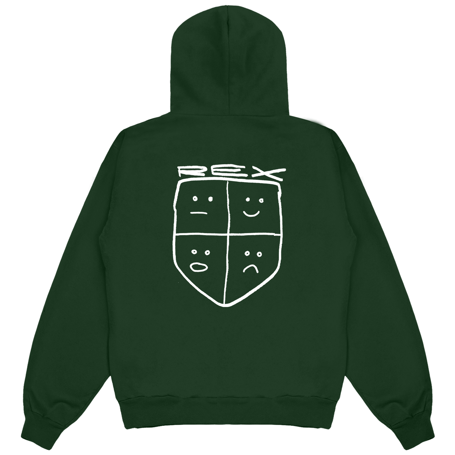Back view of a green pullover hoodie featuring a white Rex shield print across the back, with ribbed cuffs and waistband.