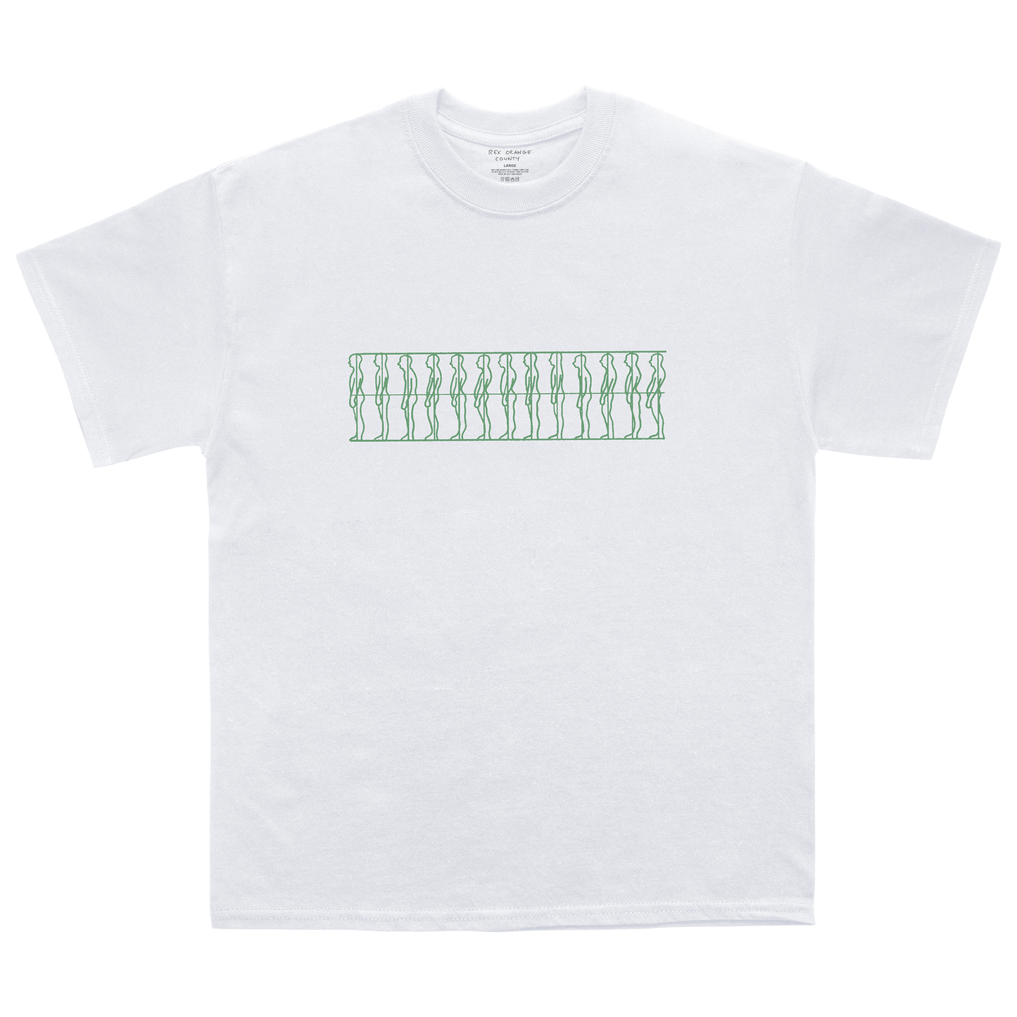 Front view of a white unisex short-sleeve regular-fit T-shirt featuring a green abstract human silhouette print from The Alexander Technique across the front.