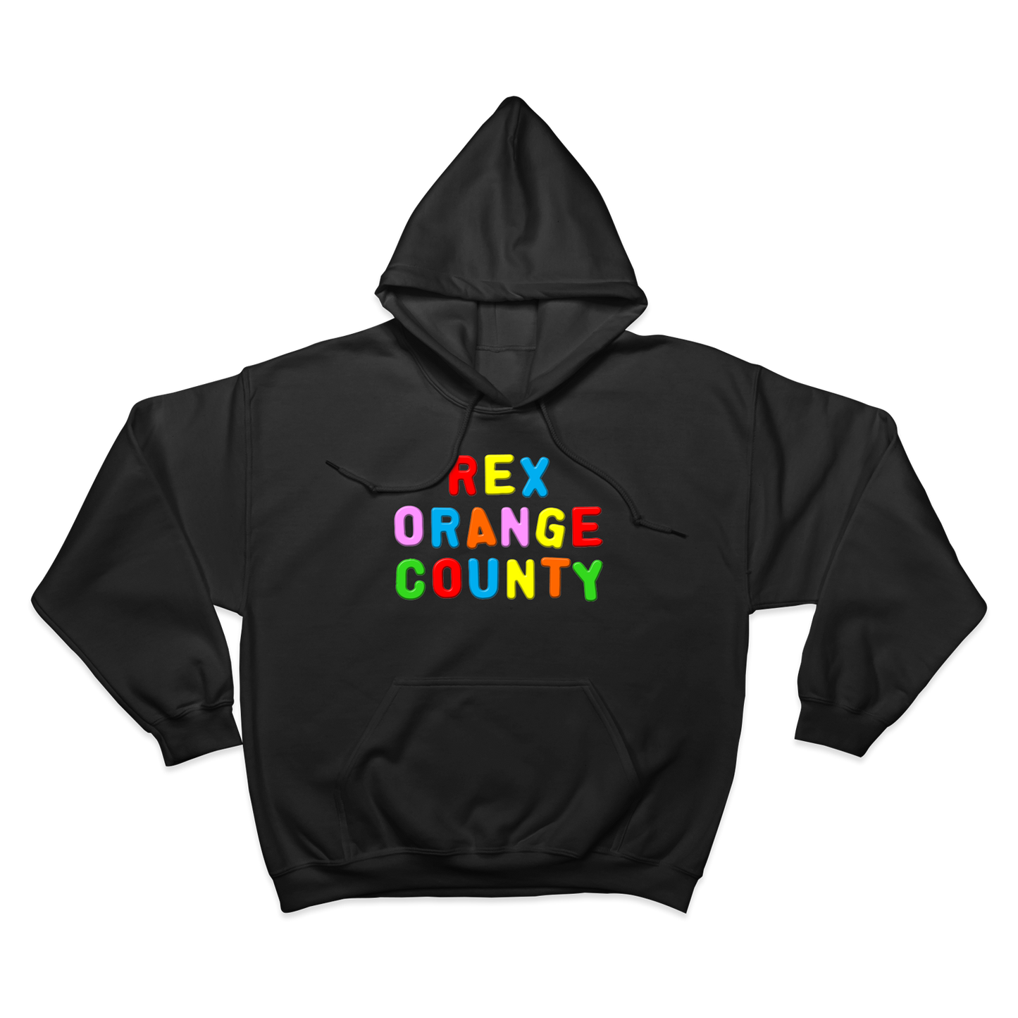 Front view of a black unisex regular-fit hoodie with a drawstring hood and front pocket, featuring a colourful ‘Rex Orange County’ text print across the front, with each letter in a different colour.