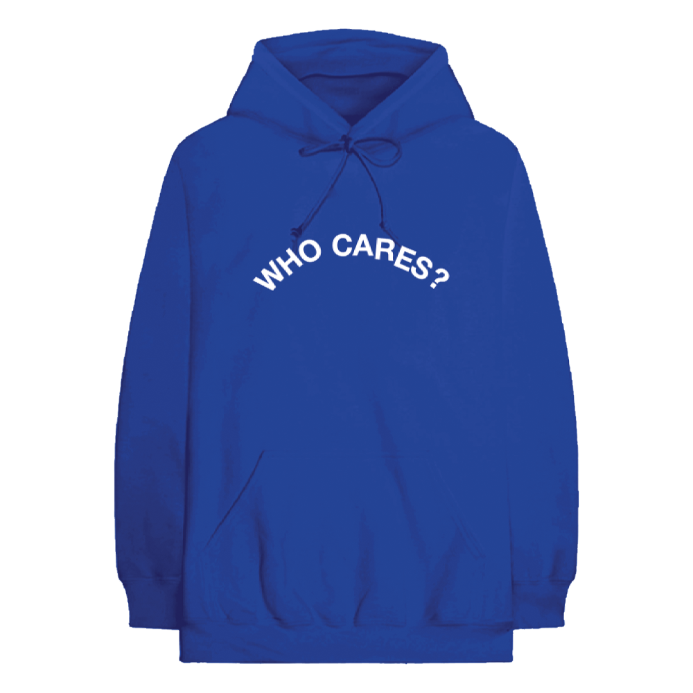 Front view of a royal blue regular-fit hoodie with a drawstring hood and kangaroo pocket, featuring a white ‘Who Cares?’ print across the front.