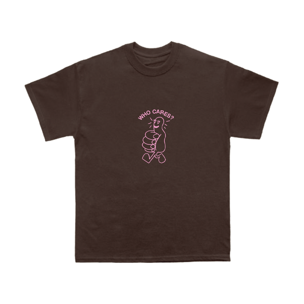 Front view of a brown short-sleeve regular-fit T-shirt featuring a pink ‘Who Cares?’ thumbs up print across the front.