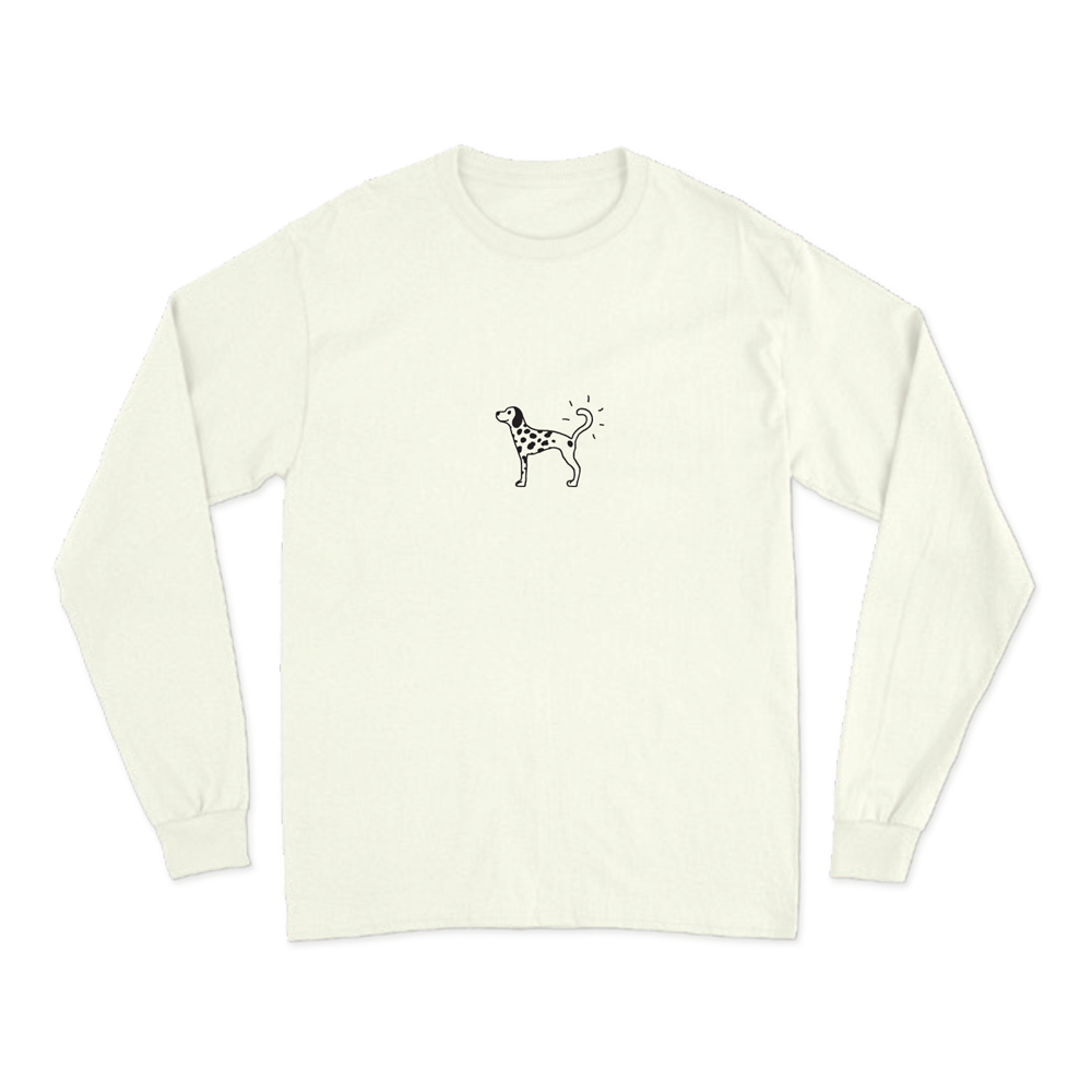 White long-sleeve T-shirt featuring an illustrated Rex Orange County Dalmatian print across the chest.