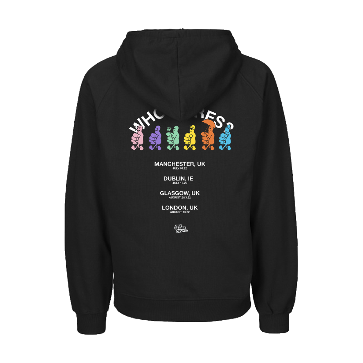 Back view of a black regular-fit hoodie featuring Rex Orange County 2022 Tour date print across the back.