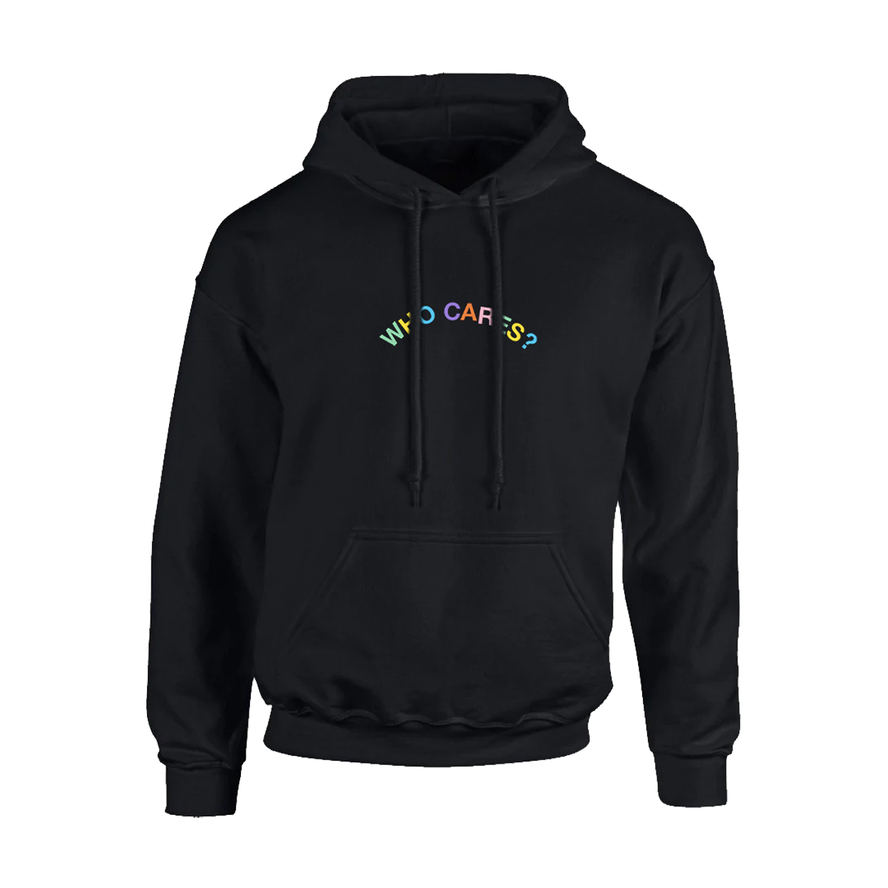 Front view of a black regular-fit hoodie with a drawstring hood, featuring a colourful ‘Who Cares?’ print across the front.