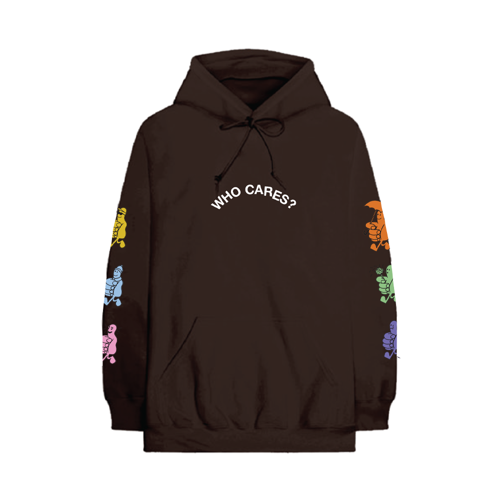 Front view of a brown relaxed-fit hoodie with drawstring hood and kangaroo pocket, featuring a white ‘Who Cares?’ text print across the front and colourful thumbs-up prints along the sleeves.