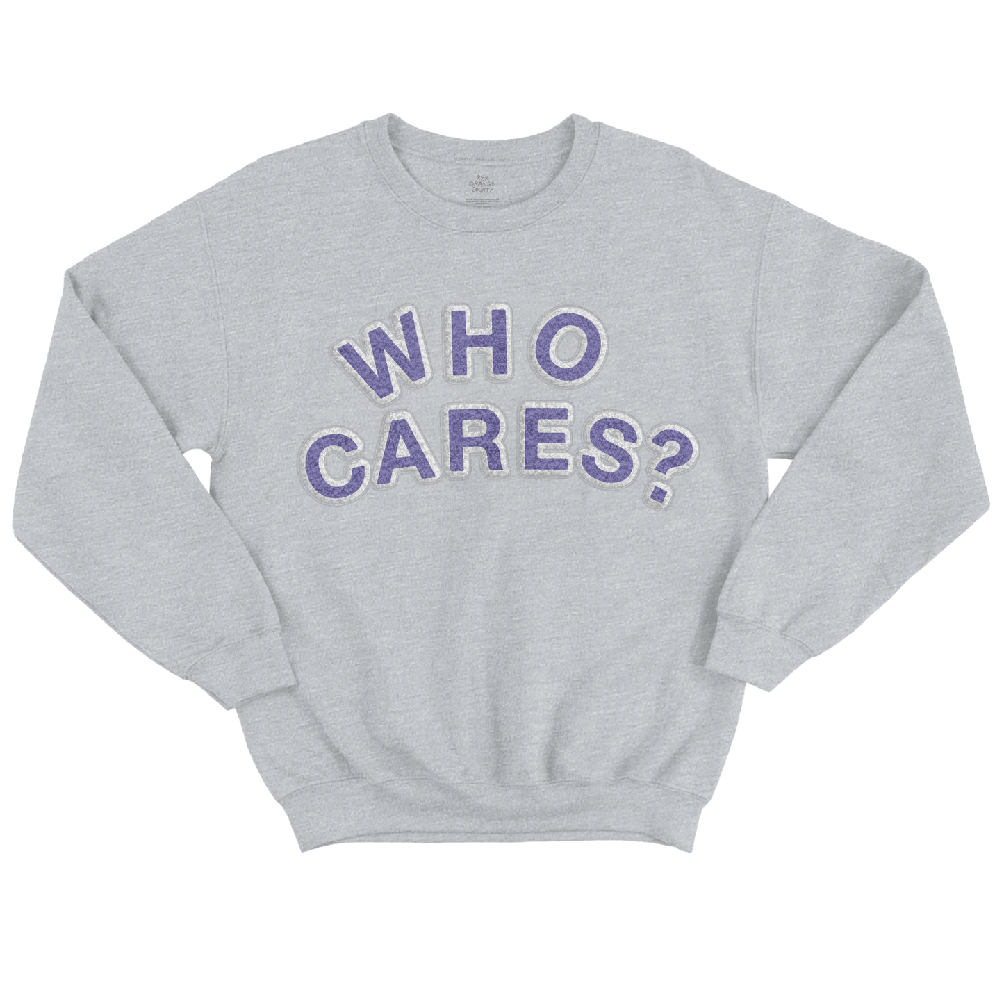 Front view of a grey unisex crewneck with purple chenille patches spelling out ‘WHO CARES?’. Product image is a digital rendering for illustration; actual details may vary.