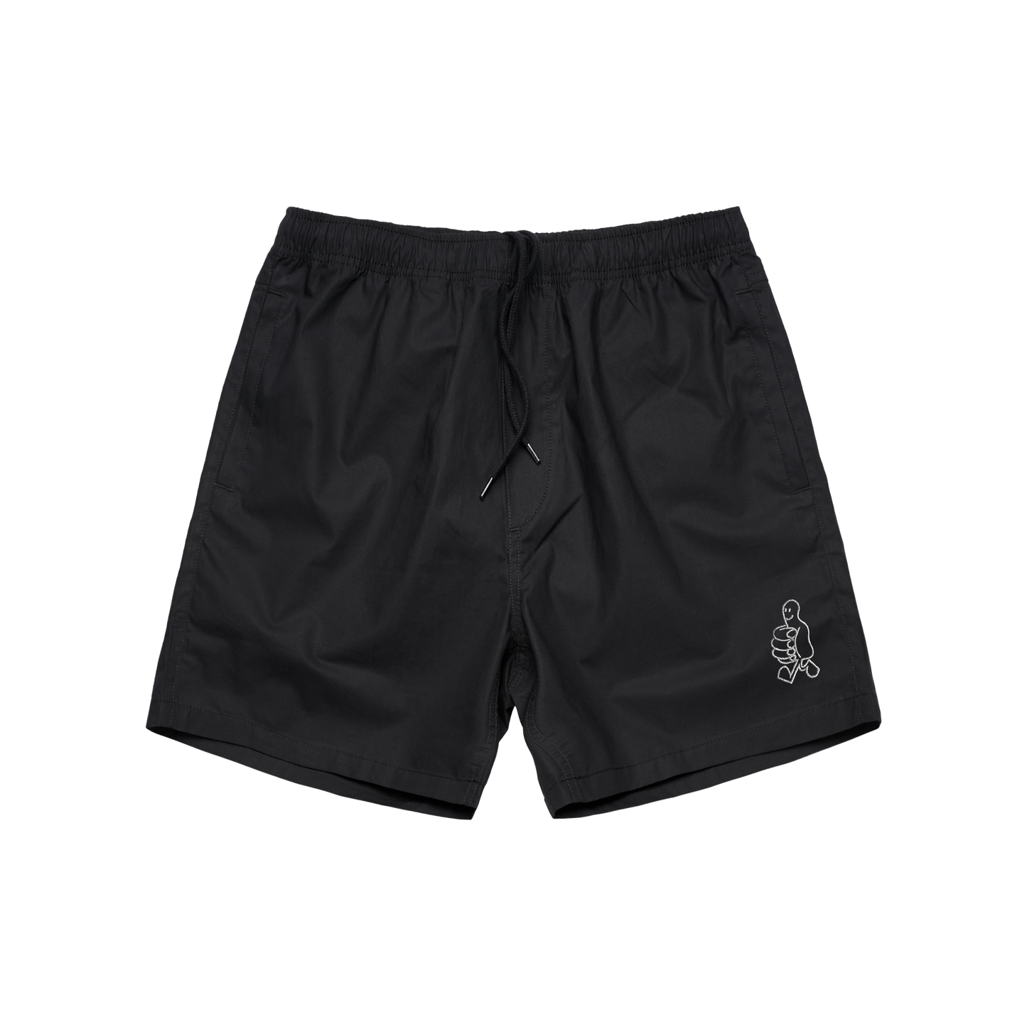 Front view of black swim shorts made from 100% cotton, featuring thumbs-up embroidery on the front, a drawstring, and two side and two back mesh-lined pockets.