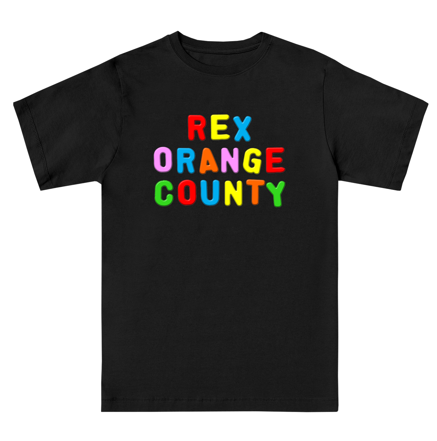 Front view of a black unisex regular-fit short-sleeve T-shirt featuring a colourful ‘Rex Orange County’ print across the front, with each letter in a different colour.