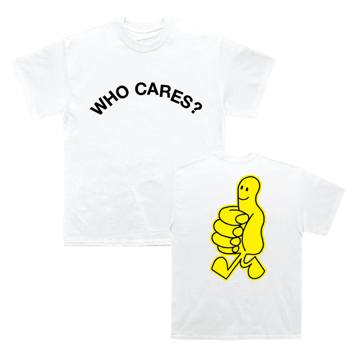 Front and back view of a white short-sleeve regular-fit T-shirt featuring a black ‘Who Cares?’ text print across the front and a yellow thumbs-up print on the back.