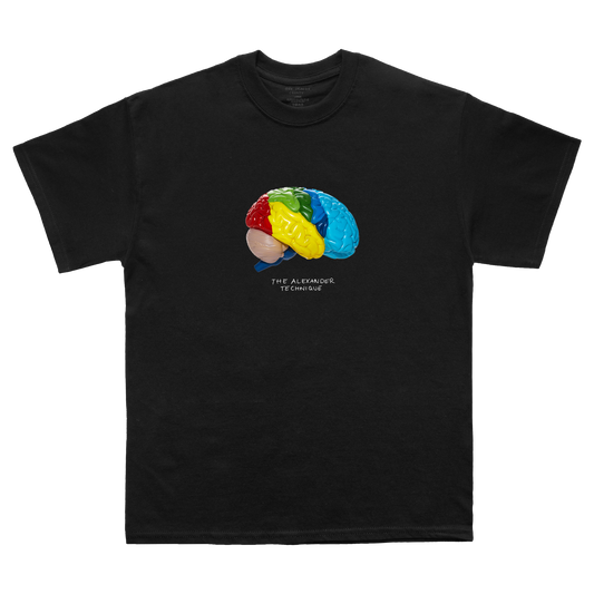 Front view of a black short-sleeve regular-fit T-shirt featuring a colourful brain graphic and white text reading 'The Alexander Technique' across the front.