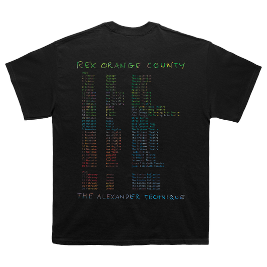 Back view of a black short-sleeve unisex T-shirt featuring Rex Orange County 2024/2025 tour dates printed across the back.