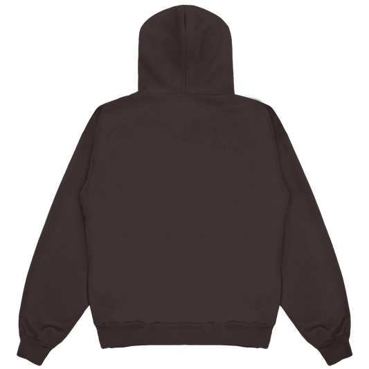 Back view of a brown unisex pullover hoodie with a regular fit, ribbed cuffs and waistband.