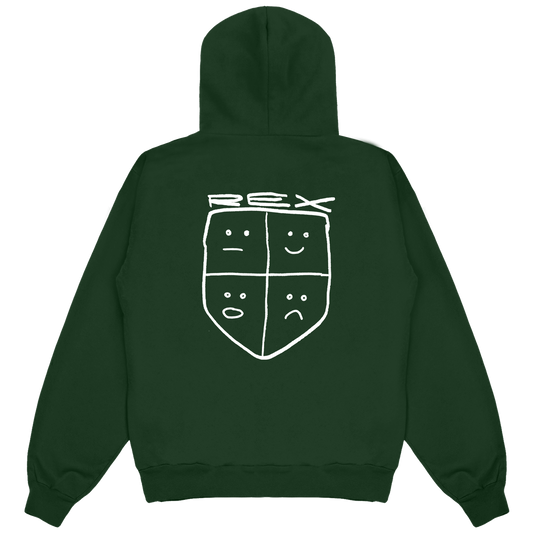 Back view of a green pullover hoodie featuring a white Rex shield print across the back, with ribbed cuffs and waistband.