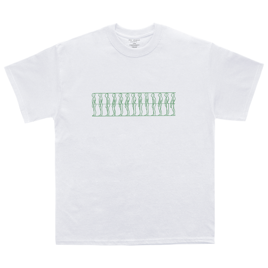 Front view of a white unisex short-sleeve regular-fit T-shirt featuring a green abstract human silhouette print from The Alexander Technique across the front.