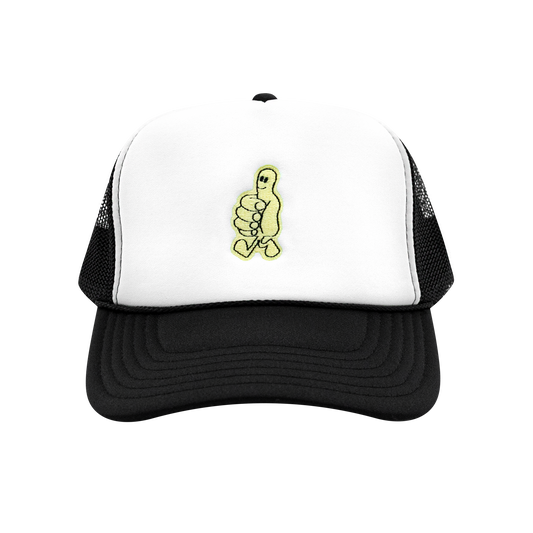 Front view of a black and white 5-panel trucker hat featuring thumbs-up embroidery on a foam front panel.