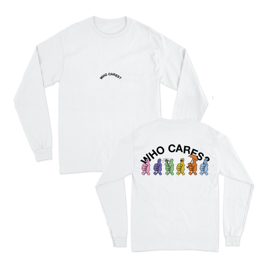 Front and back view of a white long-sleeve regular-fit crewneck T-shirt featuring a small black ‘WHO CARES?’ print on the chest, and large black ‘Who Cares?’ text with six colourful thumbs-up graphics across the back.