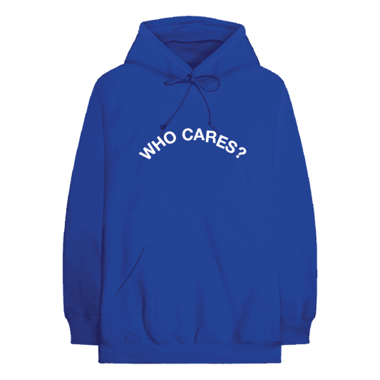 Front view of a royal blue regular-fit hoodie with a drawstring hood and kangaroo pocket, featuring a white ‘Who Cares?’ print across the front.