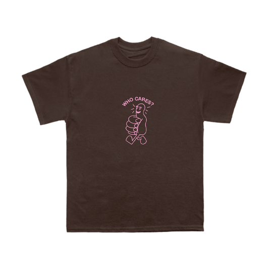 Front view of a brown short-sleeve regular-fit T-shirt featuring a pink ‘Who Cares?’ thumbs up print across the front.