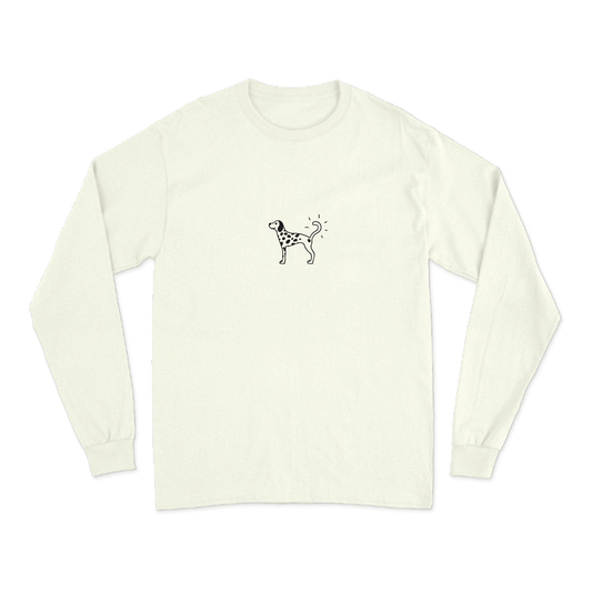White long-sleeve T-shirt featuring an illustrated Rex Orange County Dalmatian print across the chest.