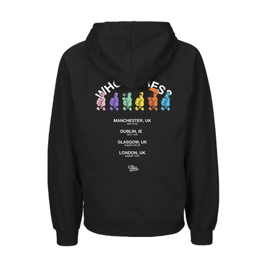 Back view of a black regular-fit hoodie featuring Rex Orange County 2022 Tour date print across the back.