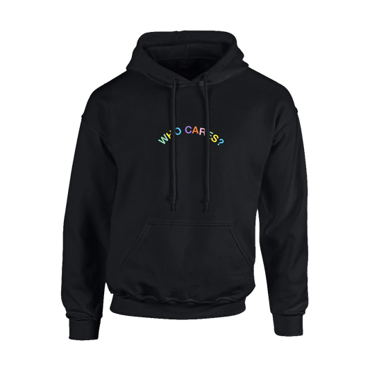 Front view of a black regular-fit hoodie with a drawstring hood, featuring a colourful ‘Who Cares?’ print across the front.