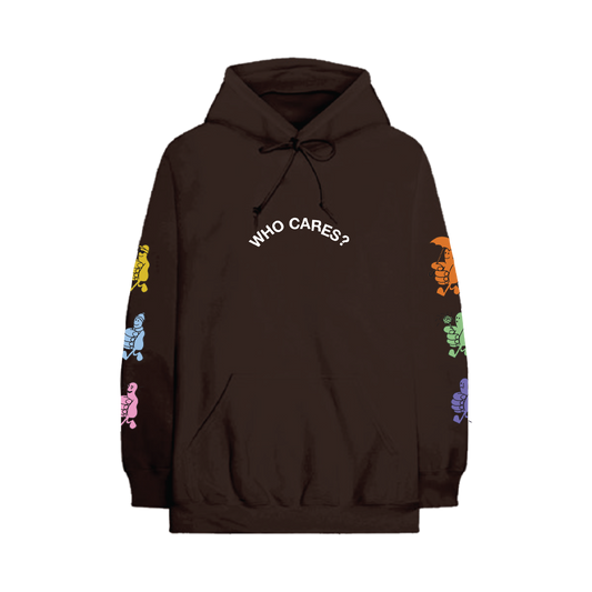Front view of a brown relaxed-fit hoodie with drawstring hood and kangaroo pocket, featuring a white ‘Who Cares?’ text print across the front and colourful thumbs-up prints along the sleeves.