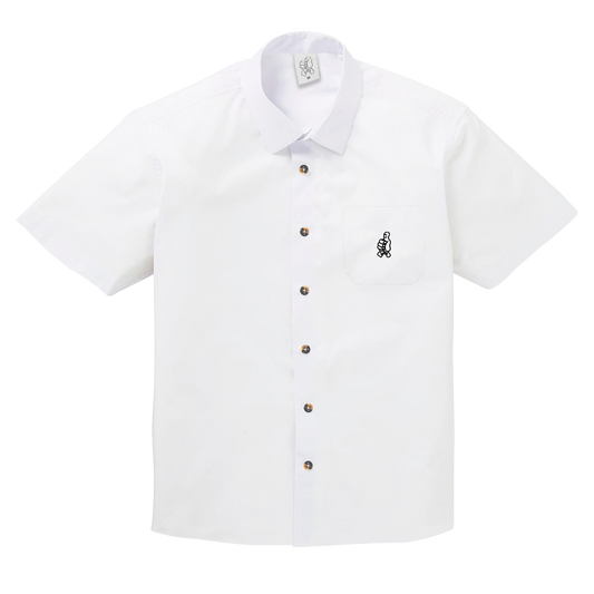 Front view of a white poplin short-sleeve button-up shirt featuring thumbs-up embroidery on the front pocket. 