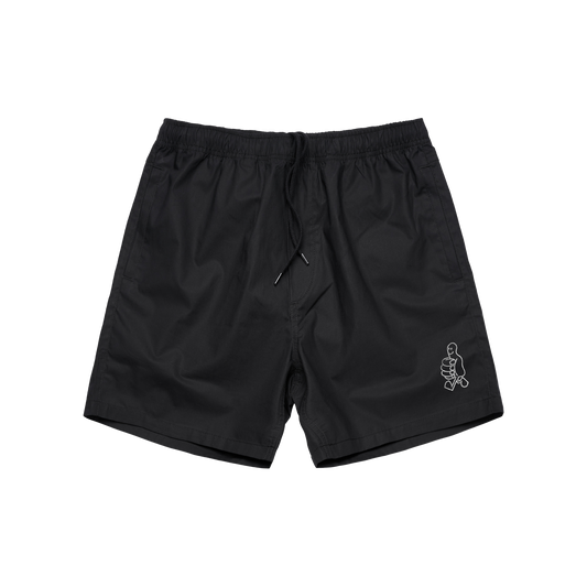 Front view of black swim shorts made from 100% cotton, featuring thumbs-up embroidery on the front, a drawstring, and two side and two back mesh-lined pockets.