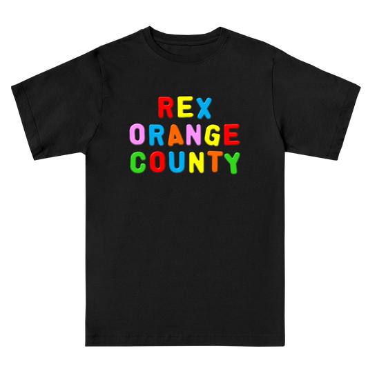 Front view of a black unisex regular-fit short-sleeve T-shirt featuring a colourful ‘Rex Orange County’ print across the front, with each letter in a different colour.