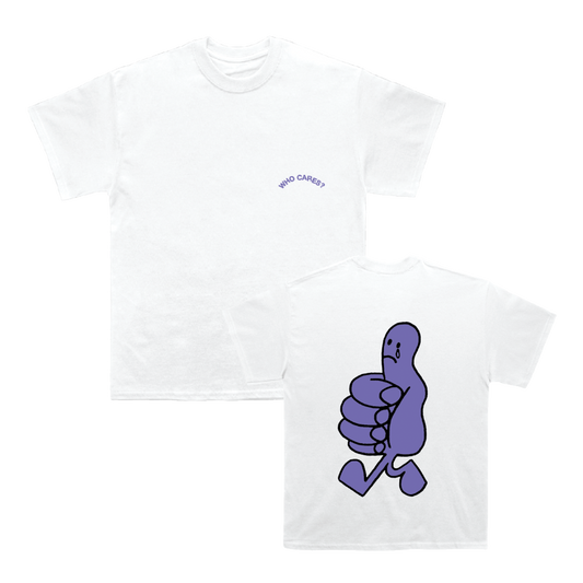 Front and back view of a white short-sleeve regular-fit T-shirt featuring a purple ‘Who Cares?’ print on the right chest and a purple thumbs-up print on the back. 