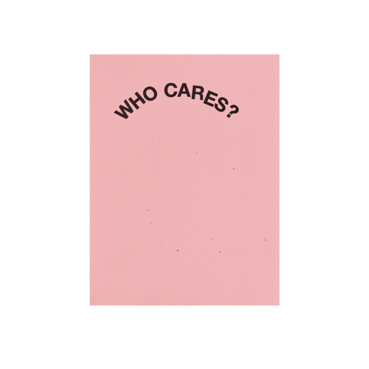 Front view of the Rex Orange County: WHO CARES? pink zine, featuring a pink cover with black text reading ‘WHO CARES?’.