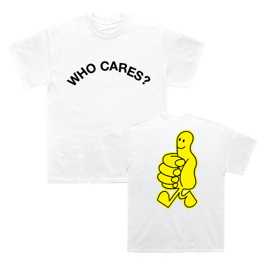 Front and back view of a white short-sleeve regular-fit T-shirt featuring a black ‘Who Cares?’ text print across the front and a yellow thumbs-up print on the back. 